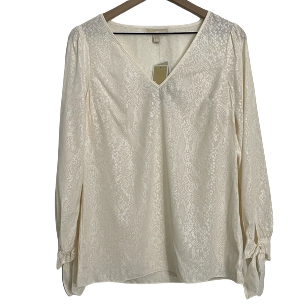 ✅Michael Kors Snakeskin Blouse Women’s Size Small Tie Sleeve Ivory V Neck